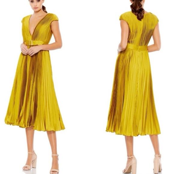 MAC DUGGAL 26483 Pleated Cap Sleeve Satin Midi Gown Size 6 New w/ Tag MSRP $338 - Picture 1 of 16